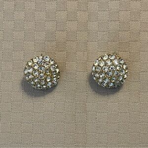 Vintage gold tone 1” dome pavè stud rhinestone faux diamond earrings.